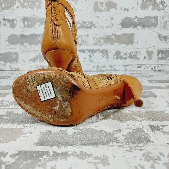 Alaia Lace-Up Peep Toe Booties Camel Leather High Heel Ankle Boots M873 - Picture 8 of 15